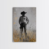 Lone Cowboy, Rustic Art, Western Wall Art, Wabi Sabi Art, Vintage Horse Art, Moody Art, Canvas Print, Framed Cowboy Painting
