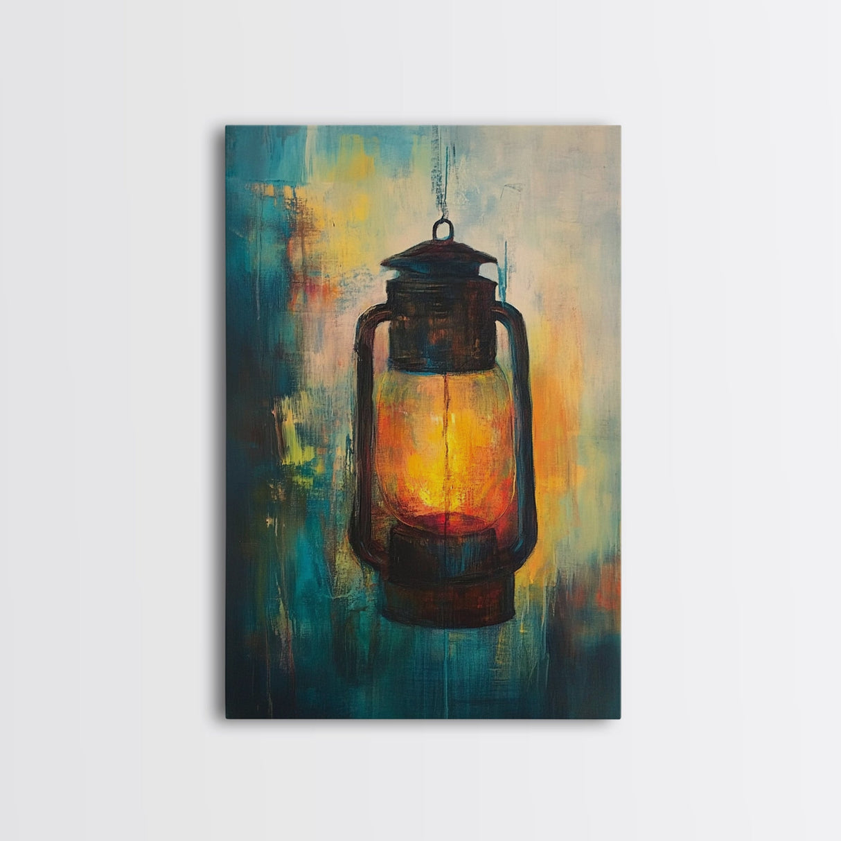 Lantern Glow, moody art, rustic decor, farmhouse art, warm light painting, southwest wall art, wabi sabi art, Framed Canvas Print