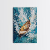 Wooden Boat in Waves, nautical painting, coastal decor, ocean waves art, seascape painting, framed canvas print, living room art, rustic art