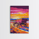 Sunset Wagon Art, pink orange wall art, Joshua tree art, rustic wall art, warm tones painting, framed canvas print, gift idea, extra wide art
