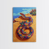 Coiled Snake, Vibrant Snake Art, Desert Landscape, Wildlife Art, Southwest Wall Art, Unique Decor, Framed Canvas Print