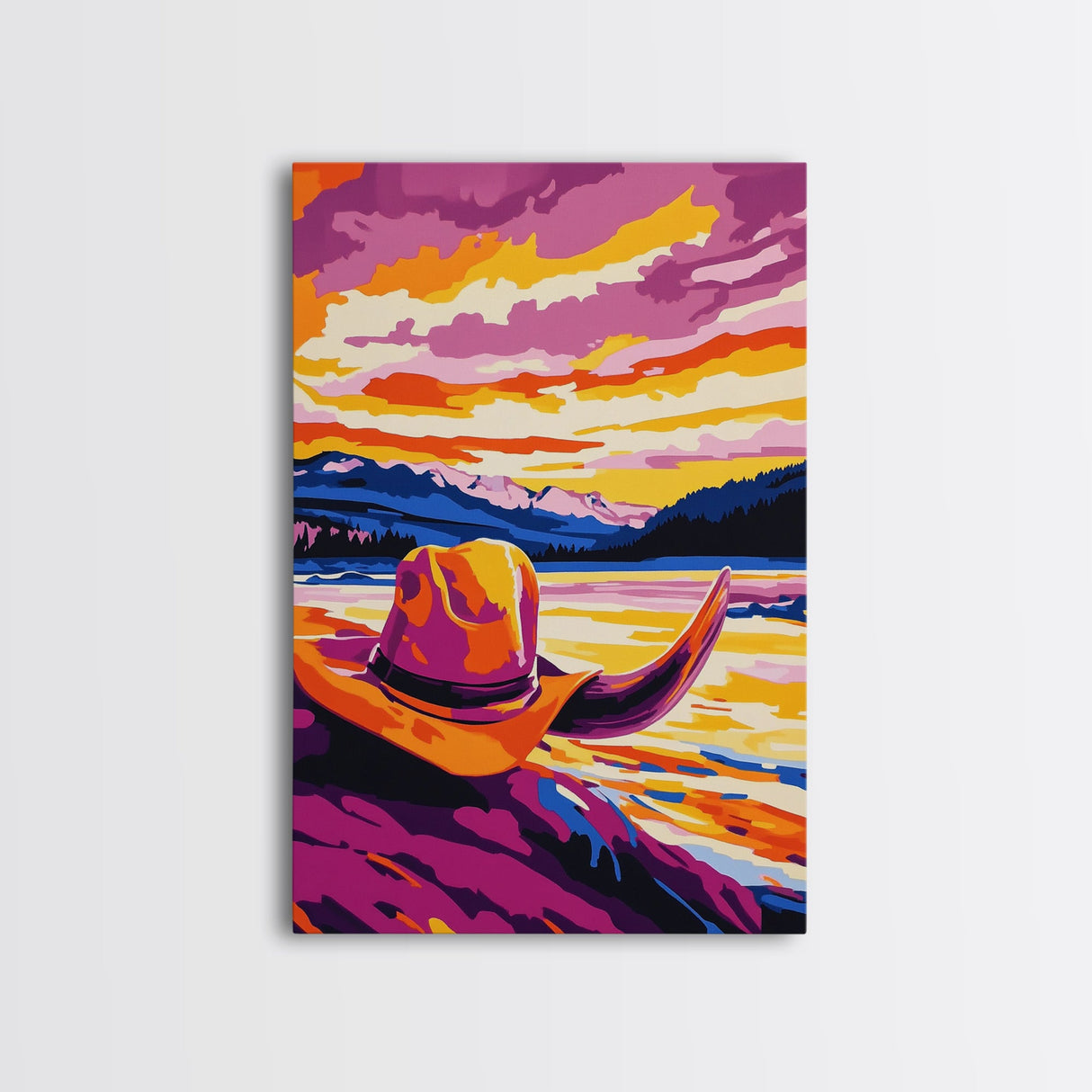 Cowgirl hat landscape, cowboy decor, rustic wall art, boho art, pink orange wall art, framed canvas print, western wall art, above bed art