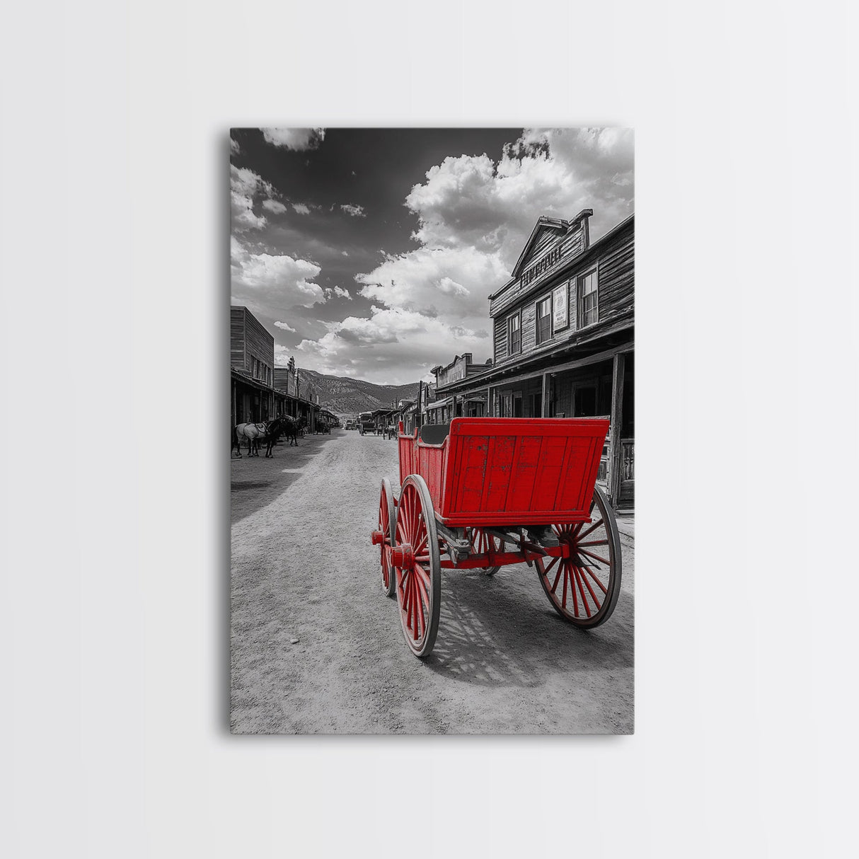 Western Wagon, Rustic Art, Vintage Horse Art, Farmhouse Art, Old West Scene, Panoramic Painting, Canvas Print, Above Couch Art