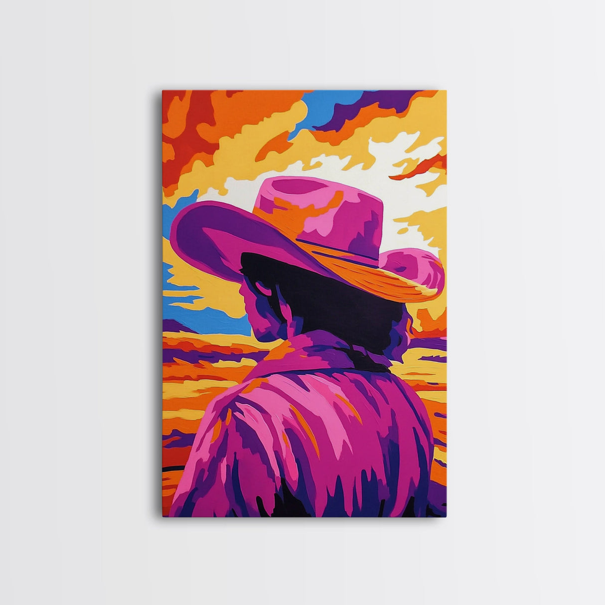 Vibrant Cowboy Painting, Chicano Art, Western Sunset Art, Pink Orange Wall Art, Afrocentric Wall Art, Canvas Print, Southwest Decor, Rustic Wall Art