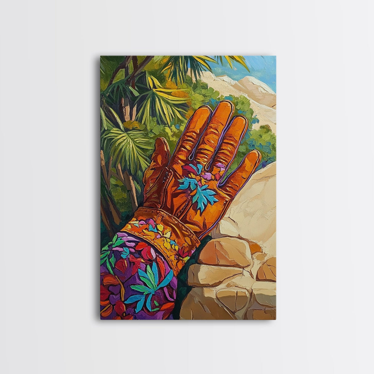 Embroidered Glove, southwest wall art, vintage folk art, botanical prints, rustic art, moody art, unique gift idea, Framed Canvas Print