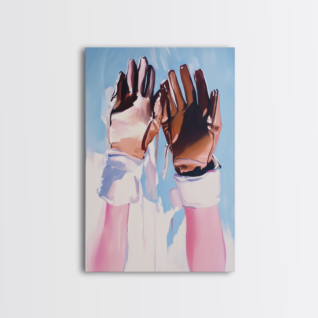 Leather Gloves Up, rustic wall art, cowboy art, boho art, wabi sabi art, warm neutral painting, above sofa art, Framed Canvas Print