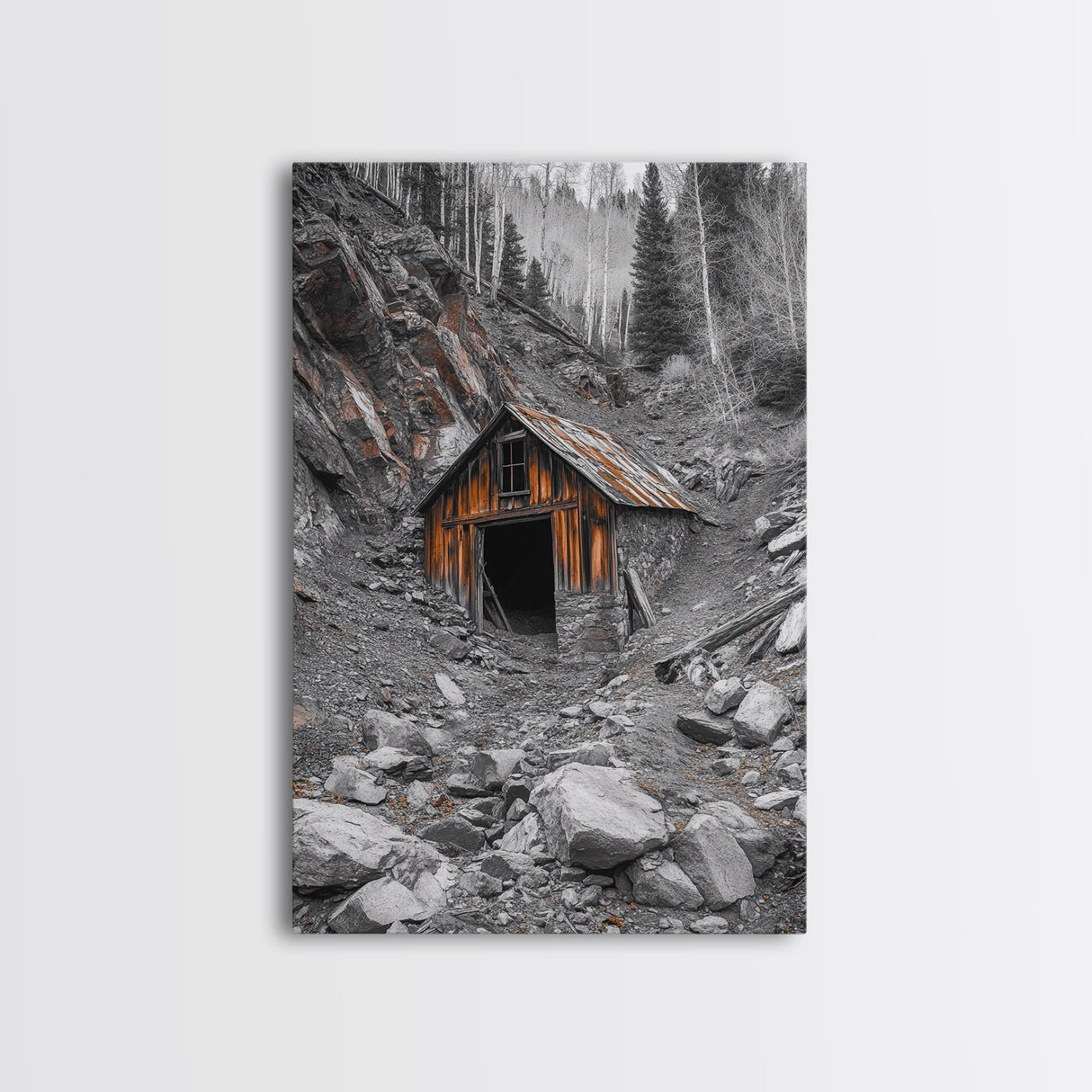Cabin in the Woods, Rustic Barn Art, Wabi Sabi Wall Art, Moody Nature Art, Farmhouse Wall Art, Gift Idea, Framed Canvas Print, Boho Art