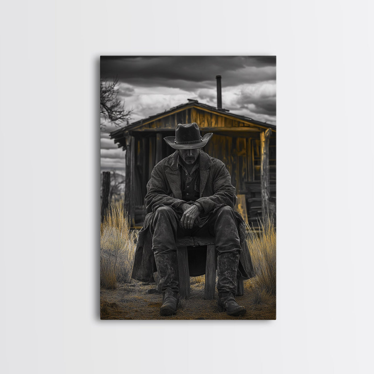 Cowboy, Rustic Barn, Moody Art, Southwest Wall Art, Farmhouse Art, Vintage Horse Art, Dark Romance Painting, Canvas Print, Gift Idea