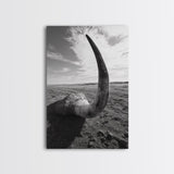 Lone Horn, desert minimalism, rustic western art, wabi sabi decor, moody photography, framed canvas print, black and white, southwest art