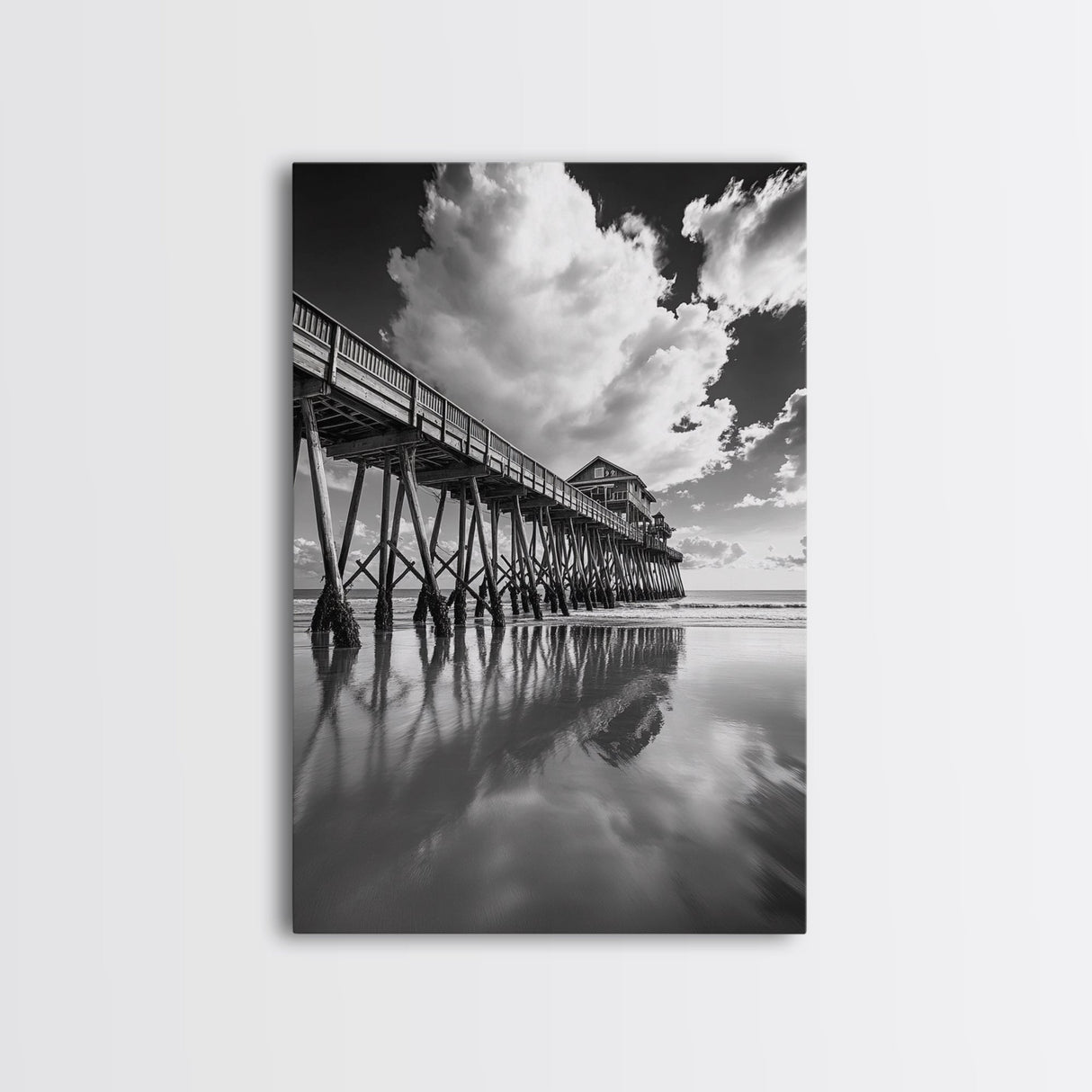 Pier reflection, seascape painting, nautical decor, rustic wall art, black and white photography, extra wide art, framed canvas print