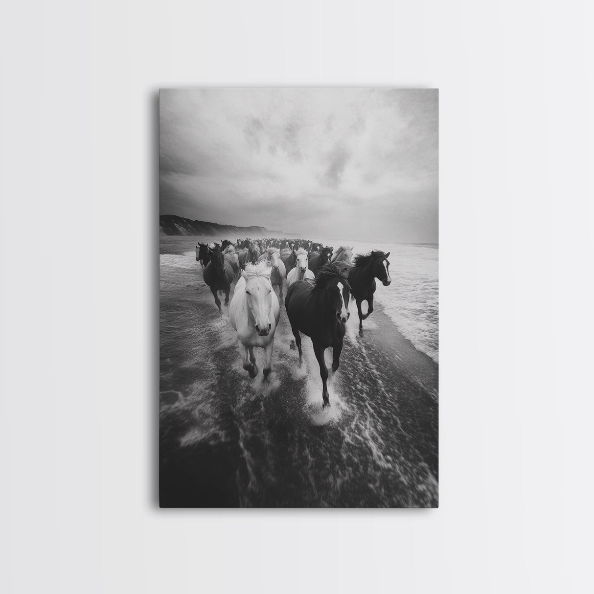 Horse wall art, wild mustangs, moody art, rustic decor, nature photography, black and white art, panoramic art, canvas print, living room art