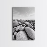 Stone beach, coastal landscape art, black and white art, wabi sabi wall art, minimalist art, nature photography, framed canvas print