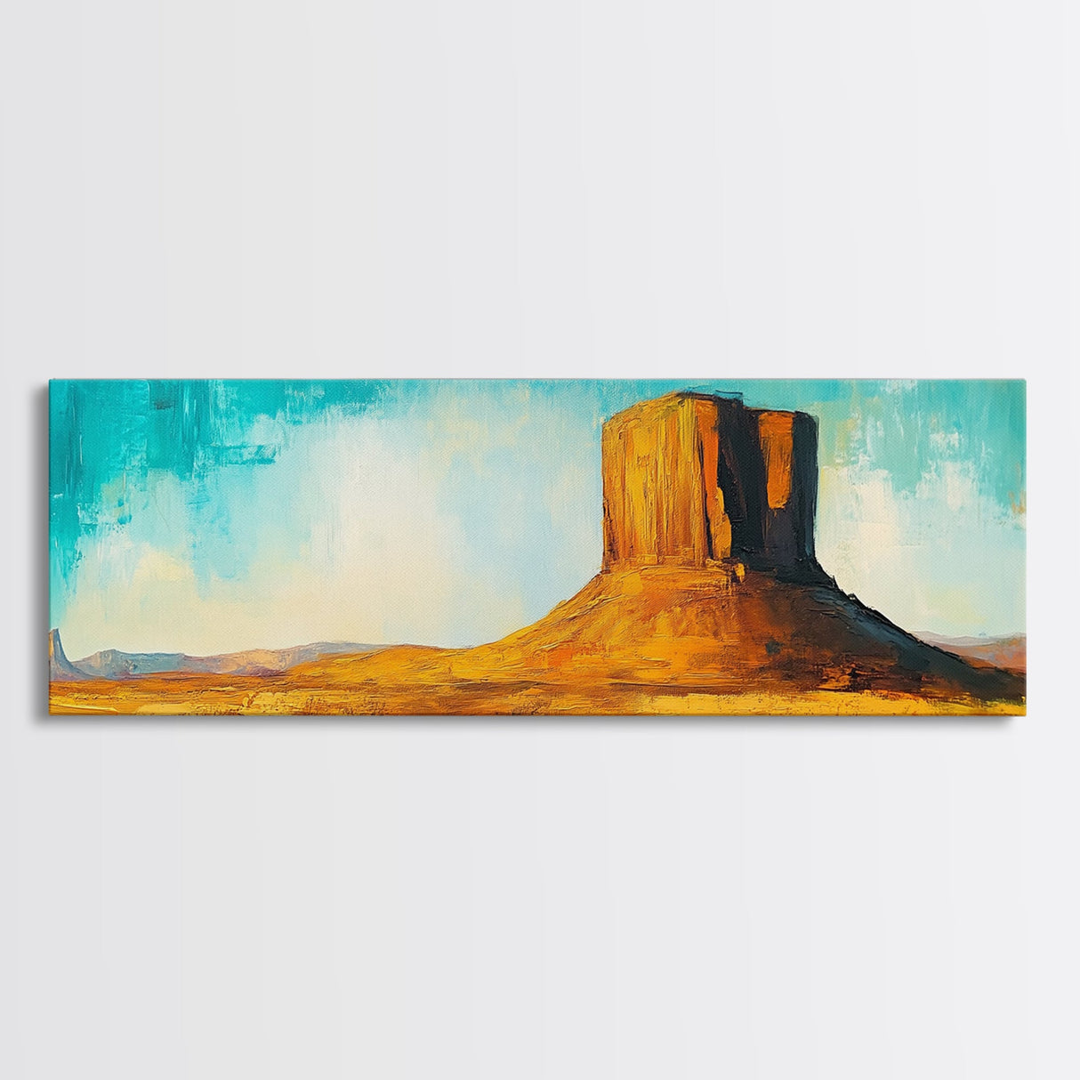 Monument Valley, southwest wall art, mountain painting, rustic wall art, blue and green wall art, extra wide art, Canvas Print