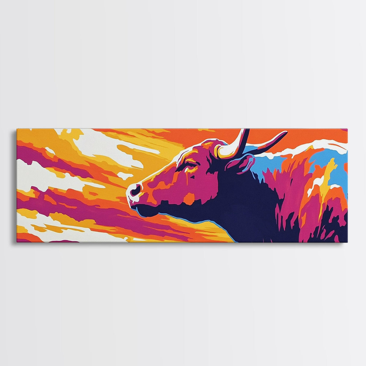 Sunset Bull, bull art, southwest wall art, pink orange wall art, extra wide art, rustic decor, Canvas Print