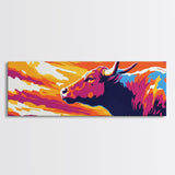 Sunset Bull, bull art, southwest wall art, pink orange wall art, extra wide art, rustic decor, Canvas Print