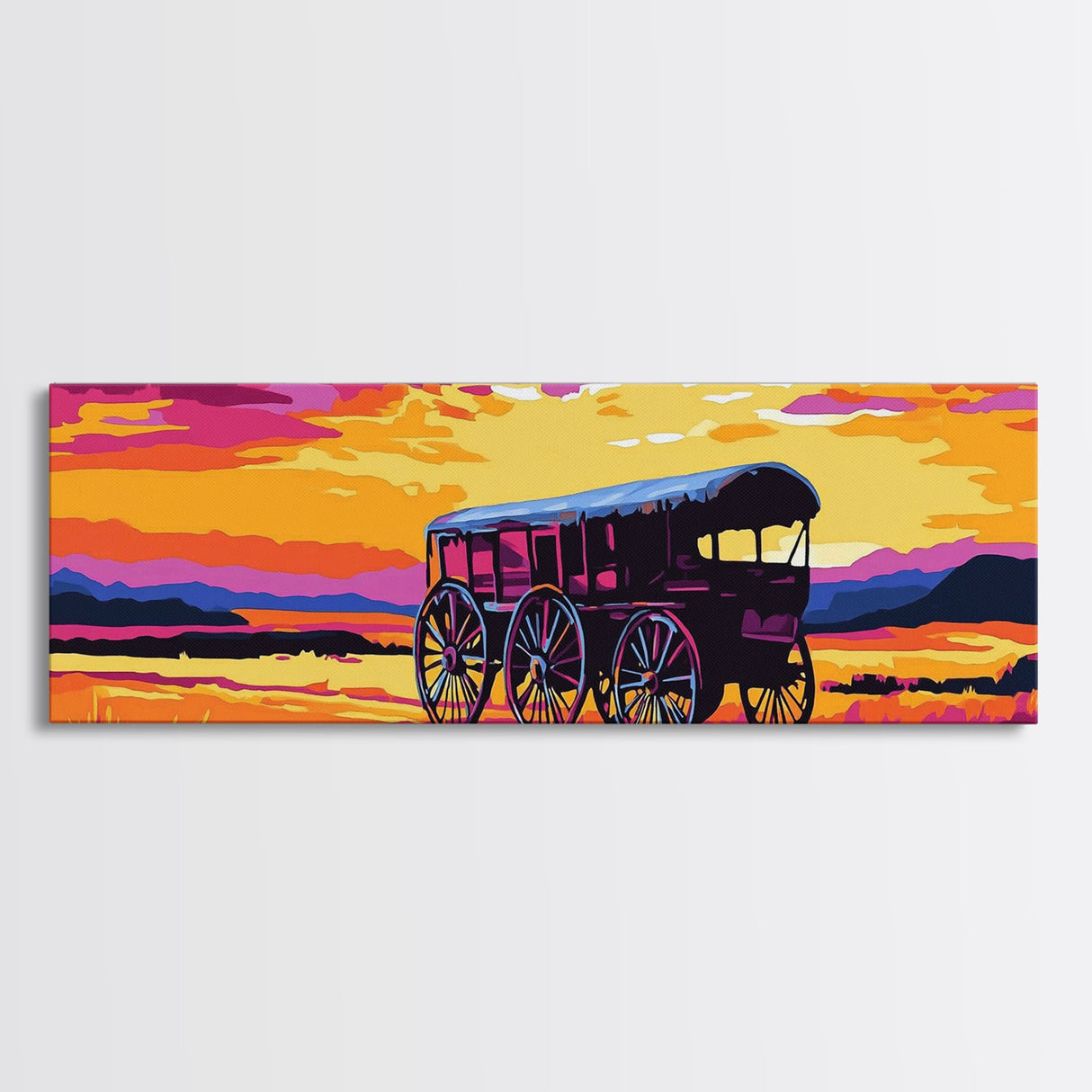 Western Wheels, cowboy painting, rustic wall art, gift idea, farmhouse decor, panoramic art, extra wide art, framed canvas print