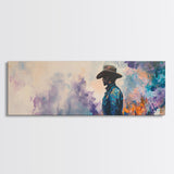 Lone Cowboy Painting, Panoramic Art, Rustic Decor, Framed Canvas Print, Blue and Green Wall Art, Moody Art, Southwest Wall Art