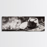 Western Hat Art, Black and White Art, Framed Canvas Print, Rustic Wall Art, Wabi Sabi Art, Extra Wide Art, Minimalist Art