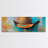 Western Hat Painting, Abstract Cowboy Art, Framed Canvas Print, Extra Wide Art, Rustic Decor, Blue and Green Wall Art, Wabi Sabi Art