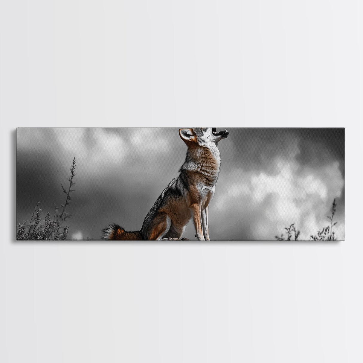 Howling Coyote, Wildlife Art, Nature Wall Art, Rustic Decor, Moody Art, Above Sofa Art, Horizontal Wall Art, Canvas Print