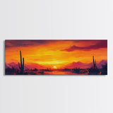 Sunset Cactus Art, southwest wall art, desert landscape painting, extra wide art, panoramic painting, framed canvas print, rustic decor, horizontal wall art