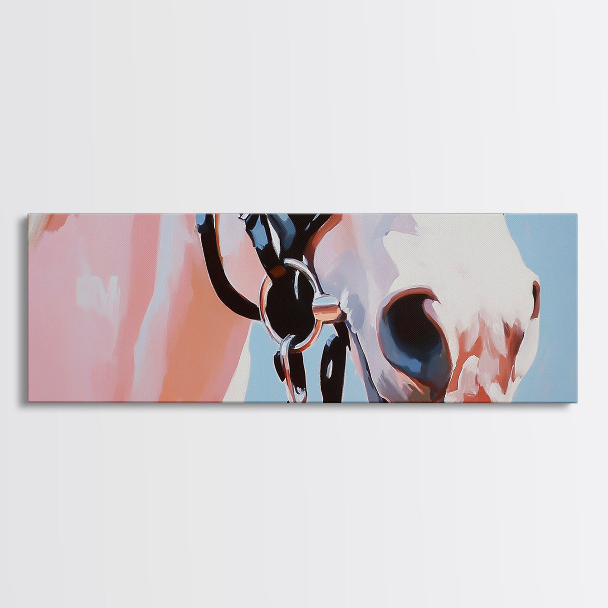 Horse close-up, minimalist art, pink abstract art, soft pastel, boho art, extra wide art, framed canvas print, modern farmhouse decor