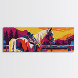 Western horse, saddle, cowboy, sunset, rustic wall art, panoramic art, framed canvas print, extra wide art, horse wall art