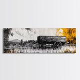 Vintage wooden wagon, rustic wall art, barn landscape oil painting, black and white art, extra wide art, framed canvas print, farmhouse art