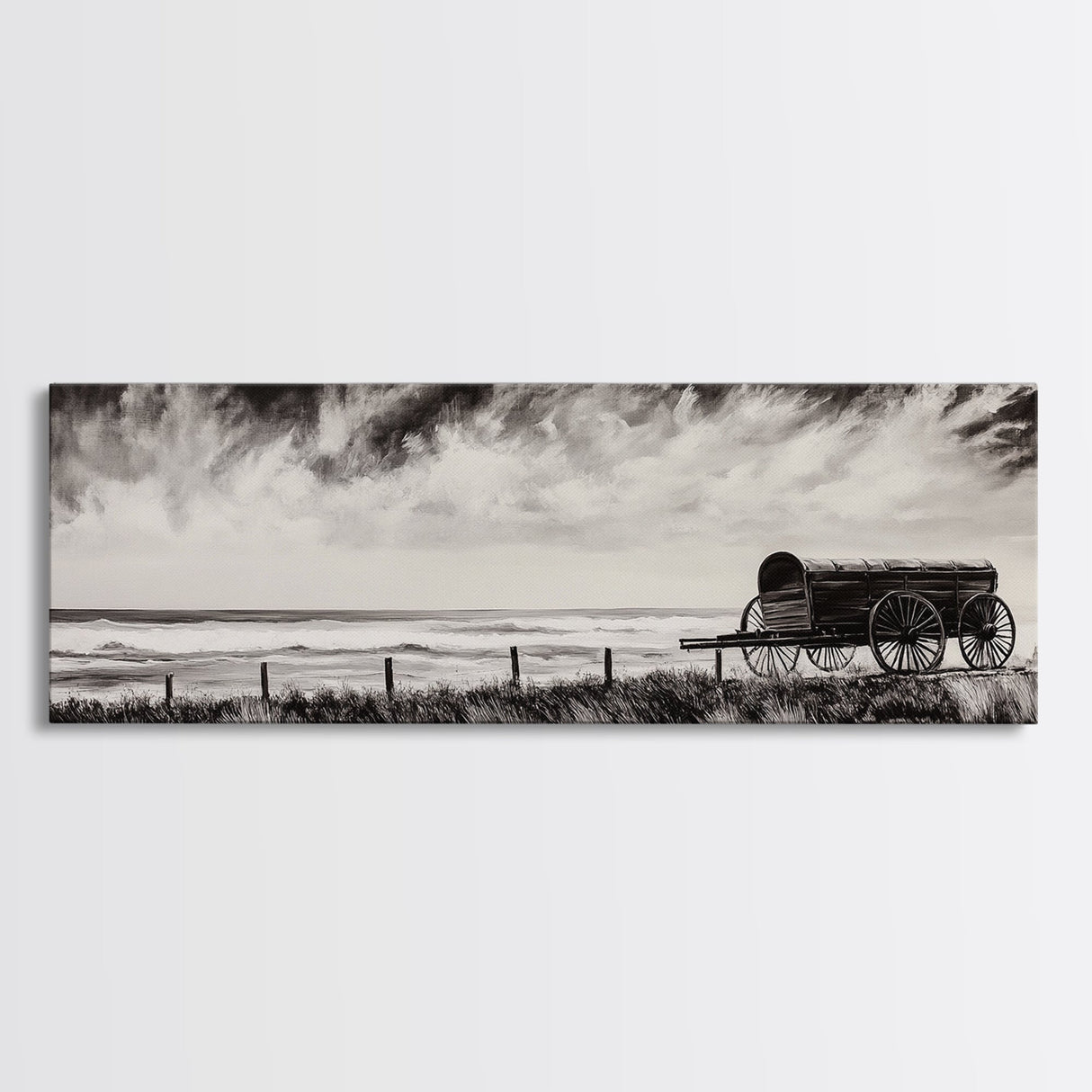 Stormy Wagon, black and white art, moody western painting, rustic decor, farmhouse wall art, extra wide panoramic art, framed canvas print.