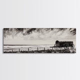 Stormy Wagon, black and white art, moody western painting, rustic decor, farmhouse wall art, extra wide panoramic art, framed canvas print.