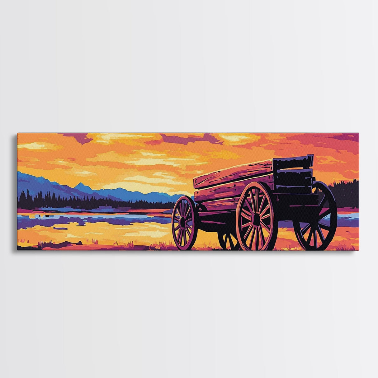 Sunset Wagon Painting, southwest wall art, boho art, Joshua tree art, rustic decor, warm tones, framed canvas print, extra wide art