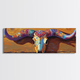 Painted Skull, bull and bear art, rustic decor, extra wide art, southwest wall art, pink orange wall art, framed canvas print