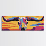 Longhorn Skull, southwest wall art, bull and bear art, pink orange wall art, extra wide art, Framed Canvas Print, rustic decor