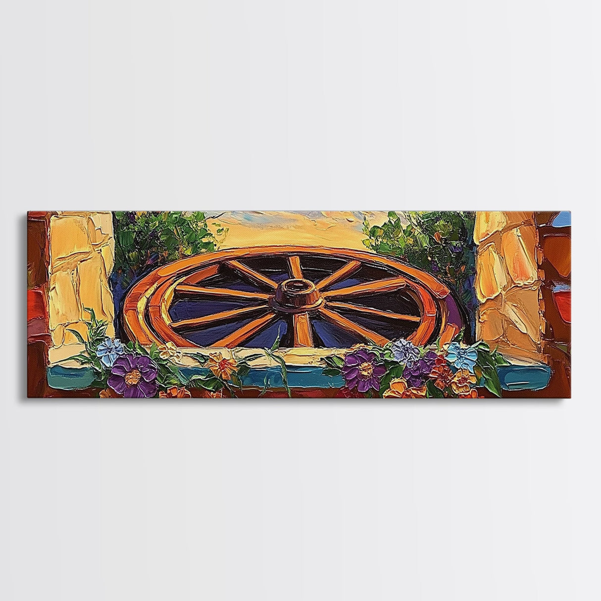 Rustic Wagon Wheel, farmhouse art, southwest wall art, wildflower painting, boho art, extra wide art, framed canvas print, landscape painting