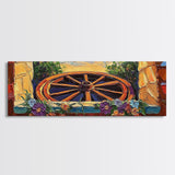 Rustic Wagon Wheel, farmhouse art, southwest wall art, wildflower painting, boho art, extra wide art, framed canvas print, landscape painting