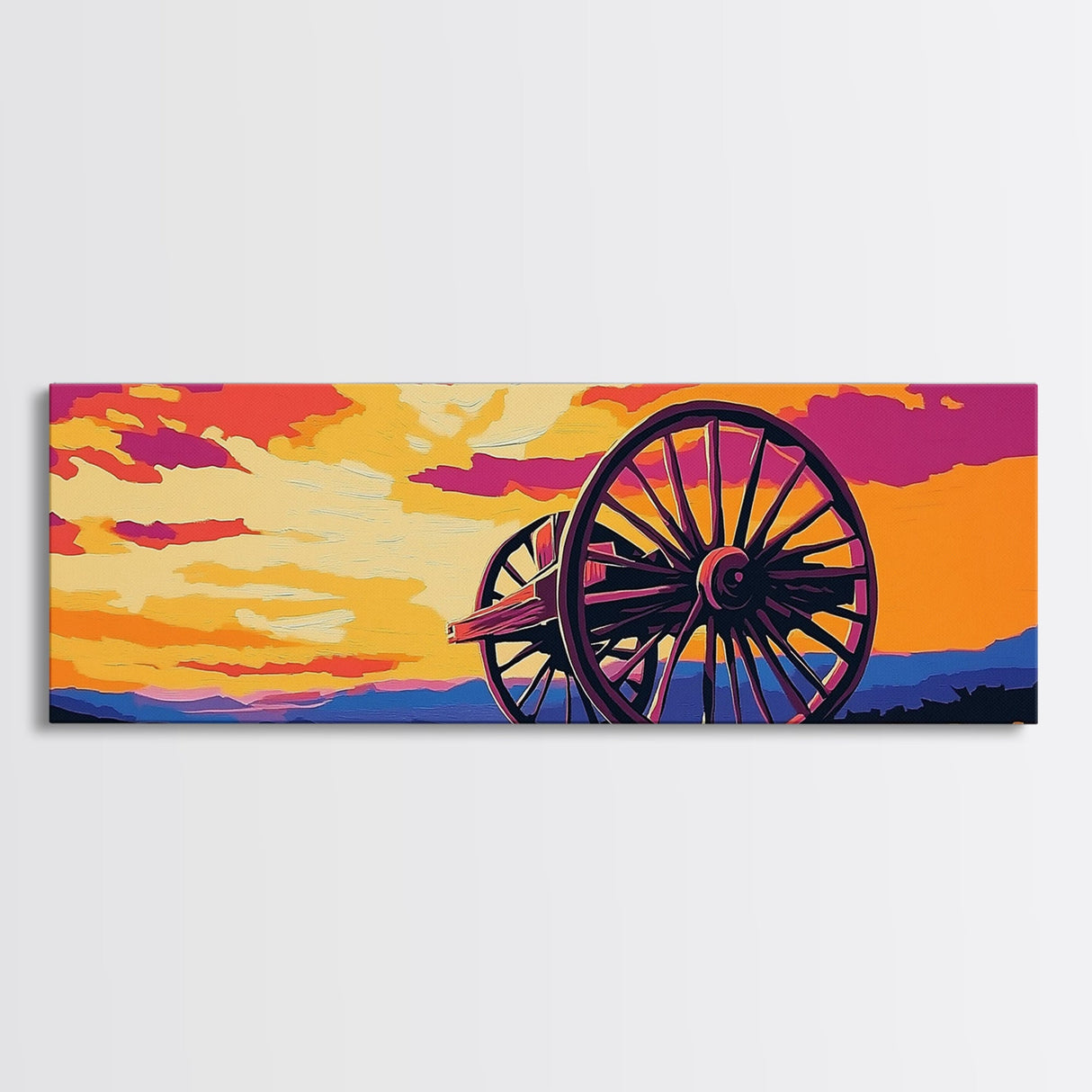 Sunset Wagon Wheel, pink orange wall art, bold color art, boho art, panoramic painting, extra wide art, framed canvas print, landscape painting