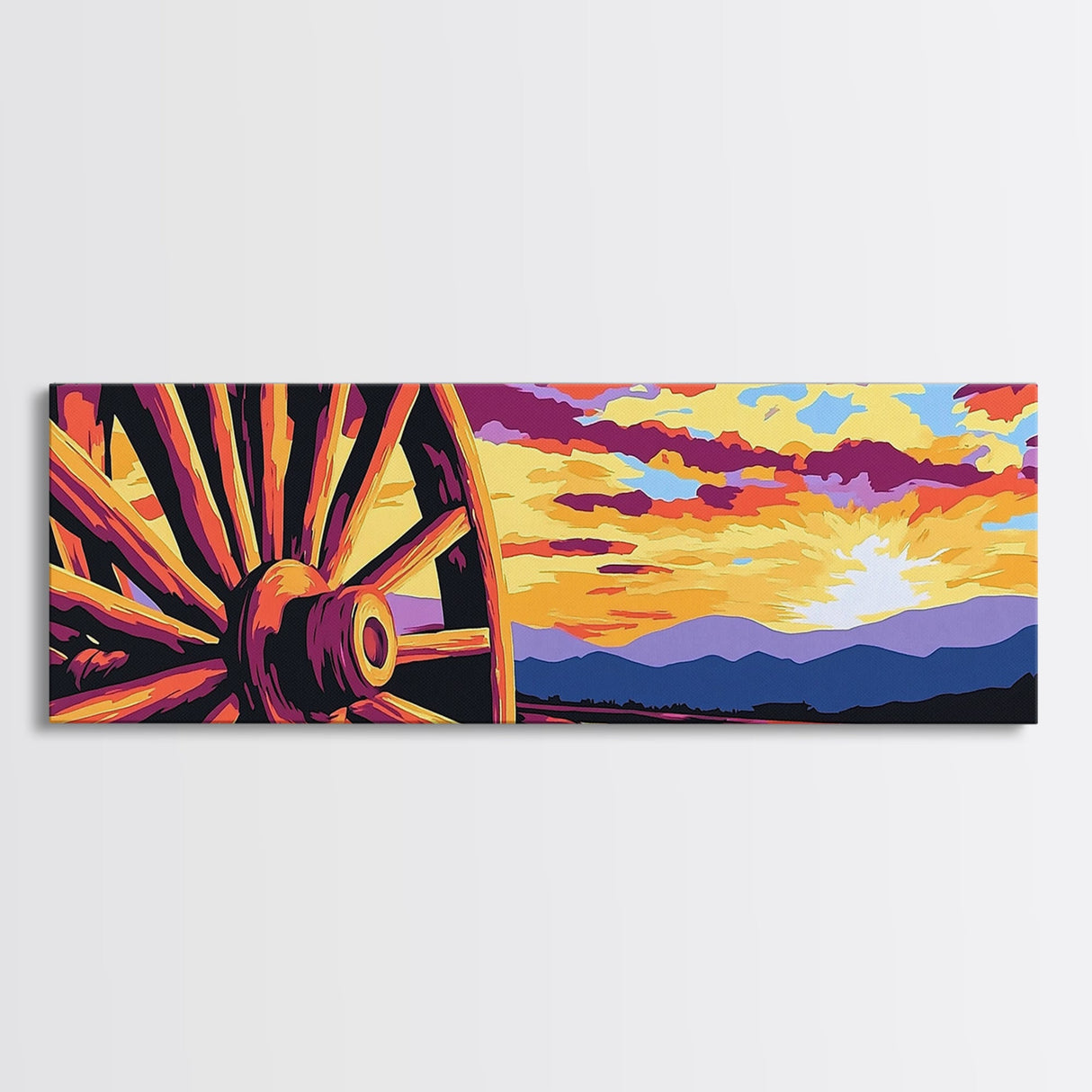 Vibrant Wagon Sunset, pink abstract art, poppy wall art, boho art, panoramic painting, extra wide art, framed canvas print, vintage wall art