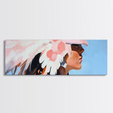 Pink Headdress, modern portrait, southwest wall art, moody art, framed canvas print, light pink wall art, gift idea for her