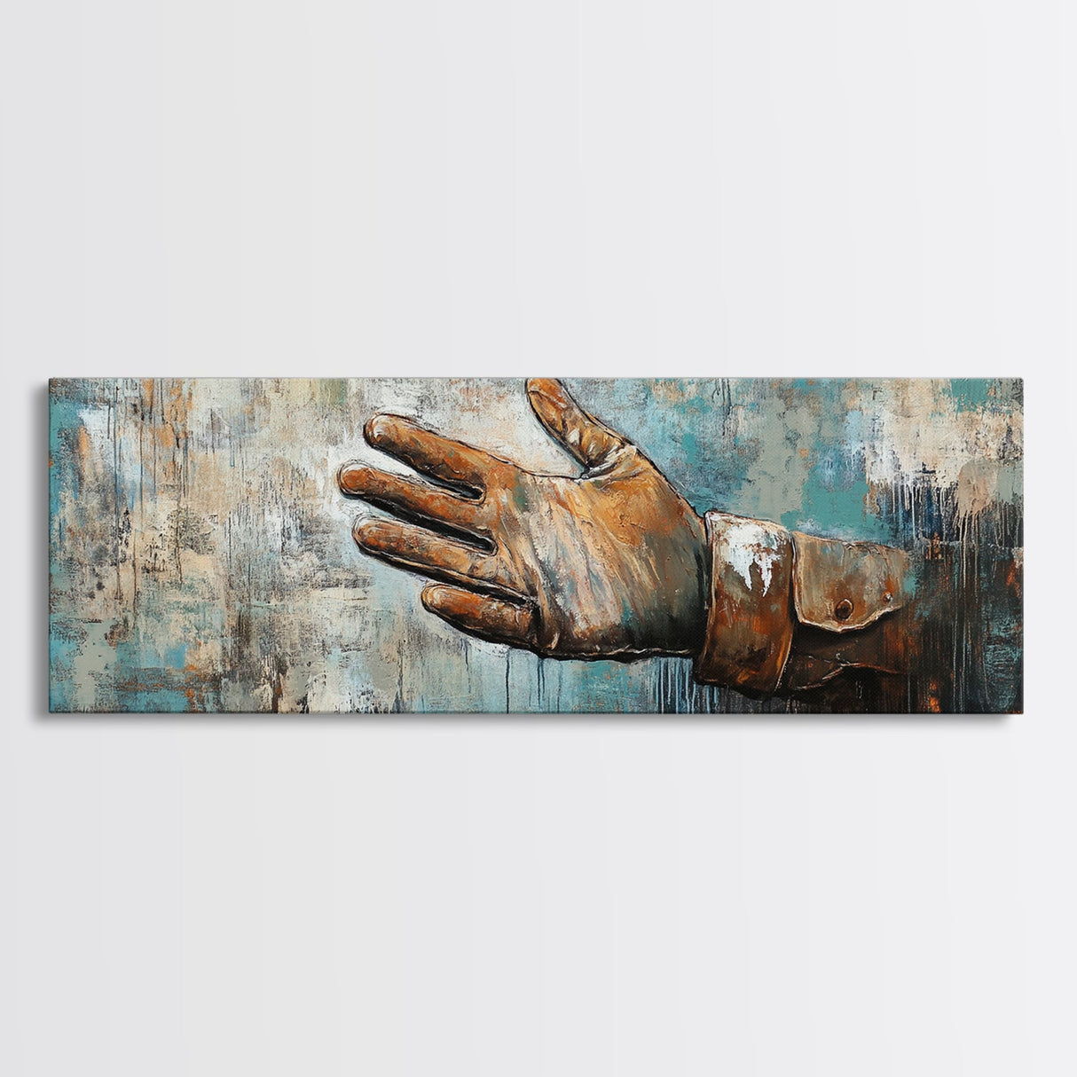 Rustic Leather Glove Art, Framed Canvas Print, Wabi Sabi Wall Art, Moody Art, Teal Wall Art, Extra Wide Art, Farmhouse Art
