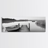 Boat On Dock, Nautical Wall Art, Framed Canvas Print, Coastal Landscape Art, Rustic Decor, Extra Wide Art, Minimalist Art, Bedroom Art