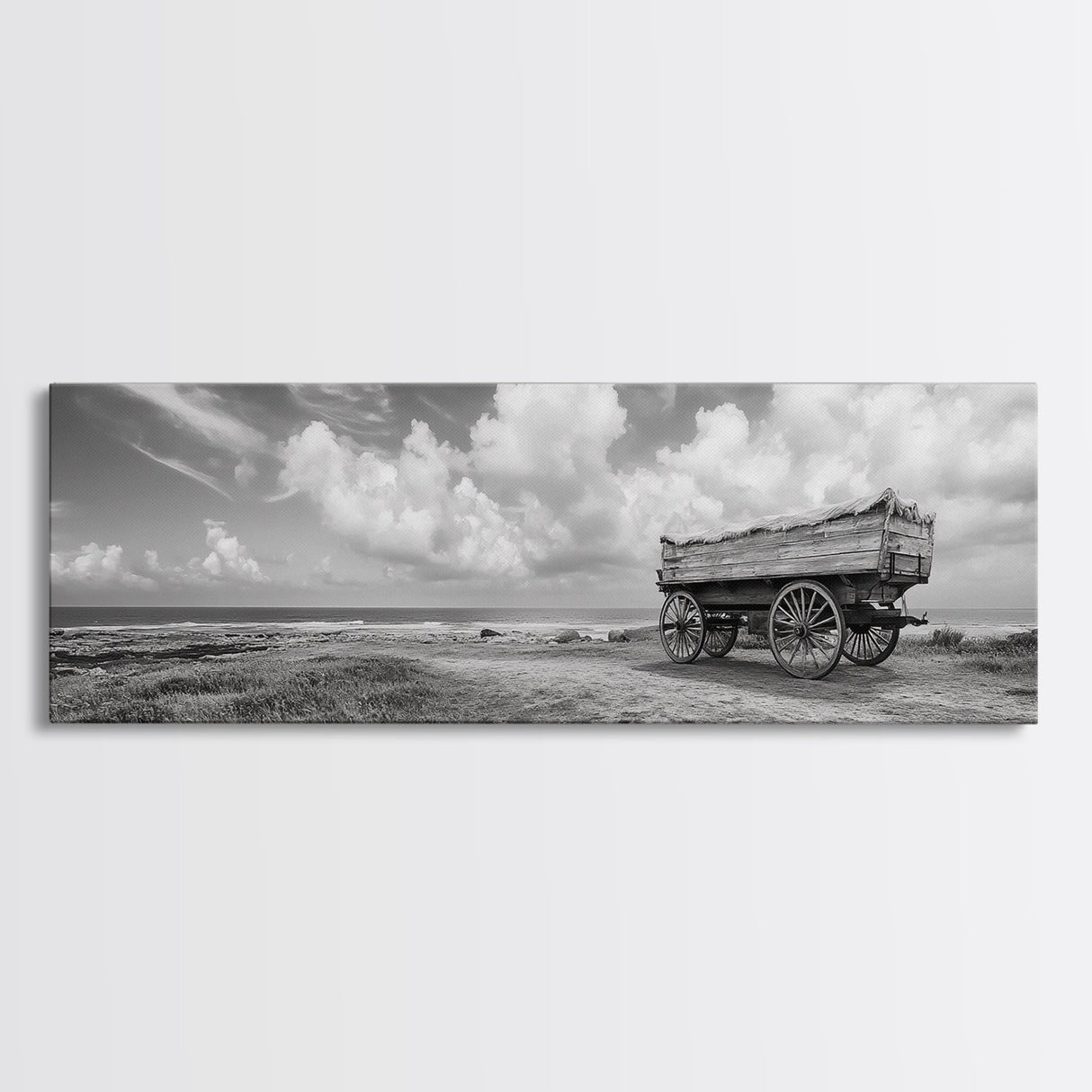 Rustic Wagon, coastal landscape art, extra wide art, panoramic painting, farmhouse art, framed canvas print, nautical wall art