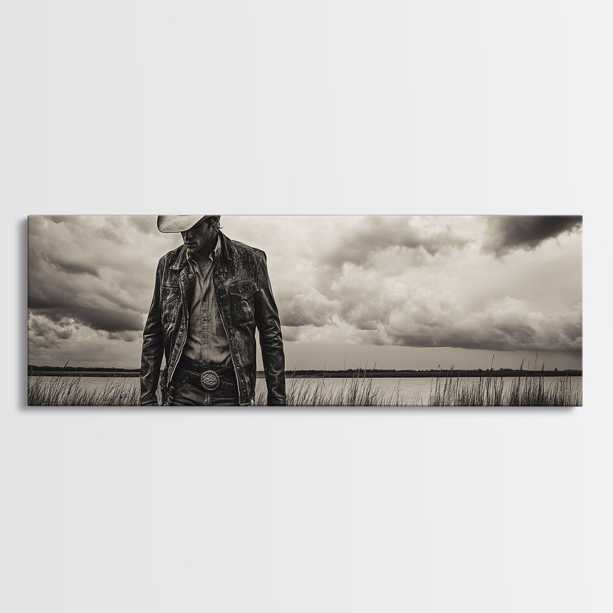 Cowboy Portrait, rustic wall art, moody art, black cowgirl painting, wabi sabi art, western decor, framed canvas print, extra wide art