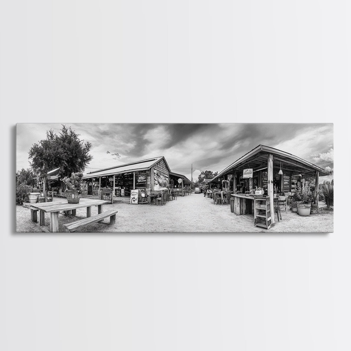 Rustic market, farmhouse art, country decor, panoramic art, extra wide art, rustic wall art, framed canvas print, landscape painting, wabi sabi art