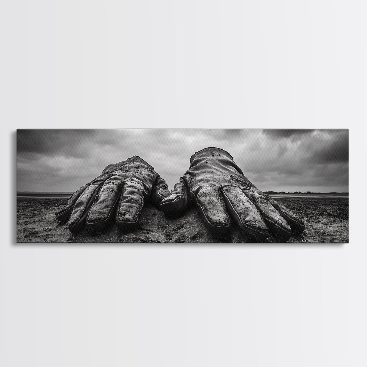 Leather Work Gloves, rustic wall art, moody art, wabi sabi art, extra wide art, panoramic art, farmhouse art, framed canvas print, cowboy art