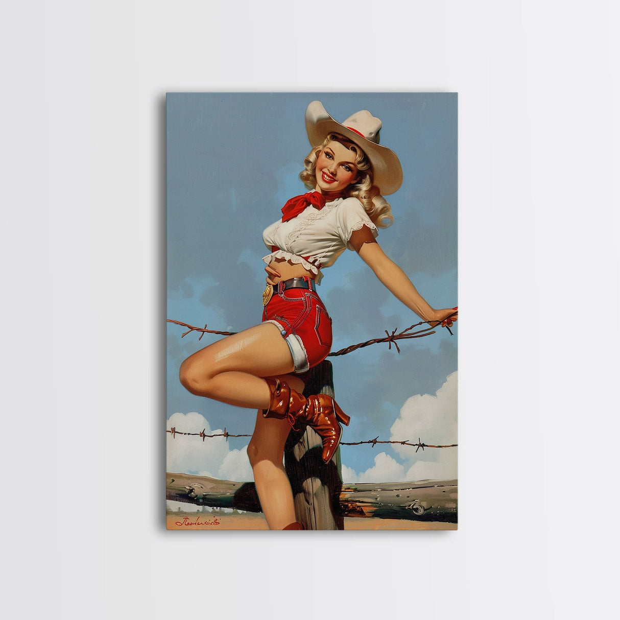 Vintage Cowgirl Pin-Up Art Print, Retro Western Framed Canvas, Classic Pin-Up Girl in Cowboy Hat and Boots, Unique Wall Decor