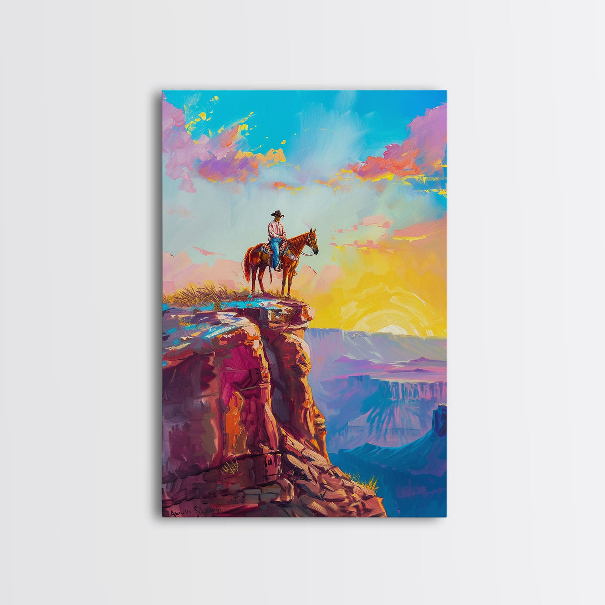 Cowboy on Cliff Edge at Sunrise - Colorful Western Landscape Painting, Framed Canvas Print, Sunrise Wall Art, Living Room Decor