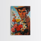 Cowboy with Bouquet of Flowers - Framed Canvas Print, Western Living Room Art, Rustic Bedroom Decor, Americana Art, Wall Art