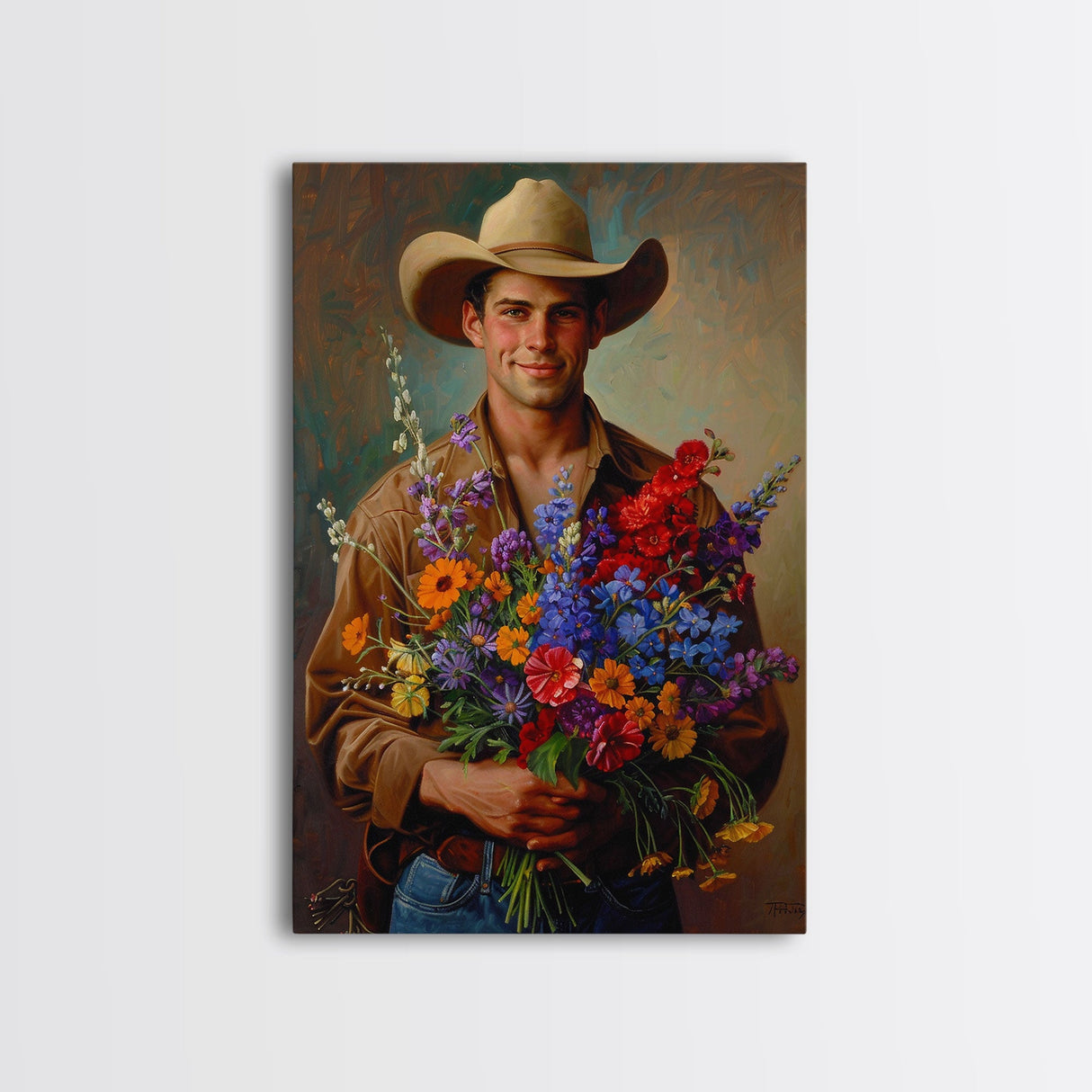 Handsome Cowboy with Wildflowers - Framed Canvas Print, Western Living Room Art, Rustic Bedroom Decor, Cowboy Art, Wall Art