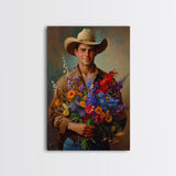 Handsome Cowboy with Wildflowers - Framed Canvas Print, Western Living Room Art, Rustic Bedroom Decor, Cowboy Art, Wall Art