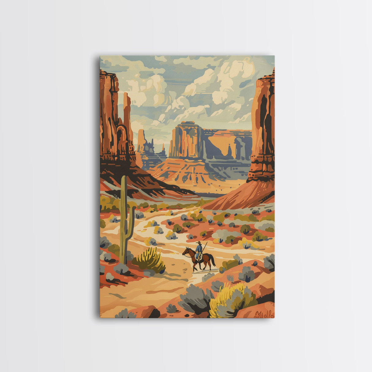 Cowboy in Southwestern Desert Landscape - Framed Canvas Print, Western Wall Art, Desert Scene Art, Cactus Decor for Living Room